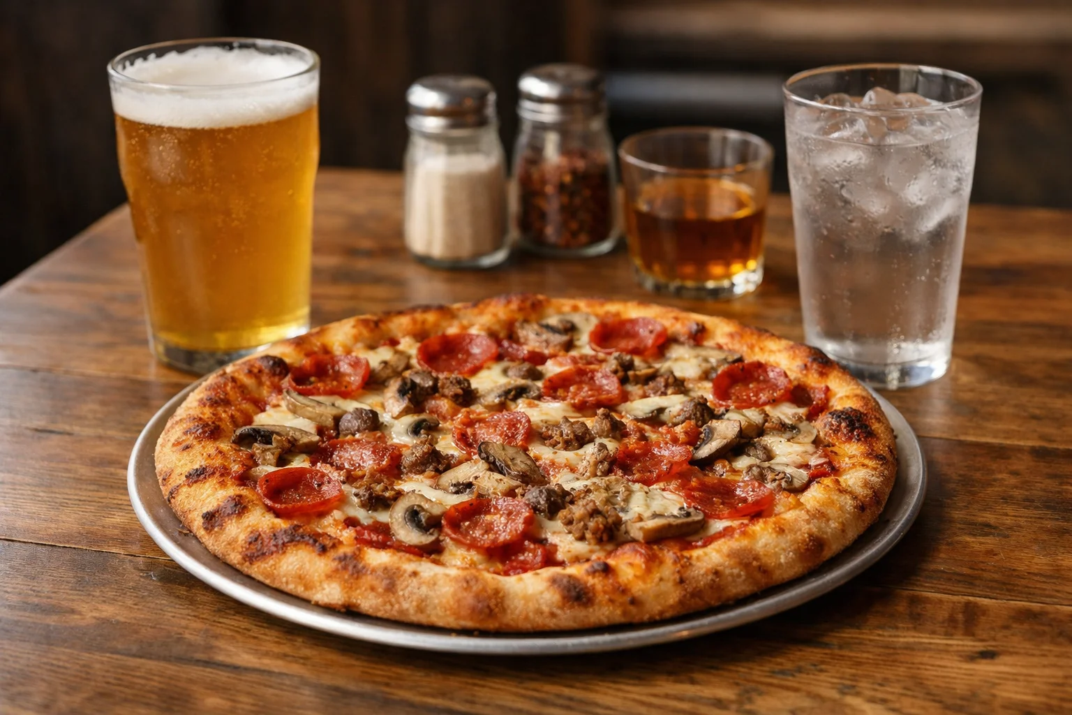 Pizza at a casual brewery bar with no readable logos.
