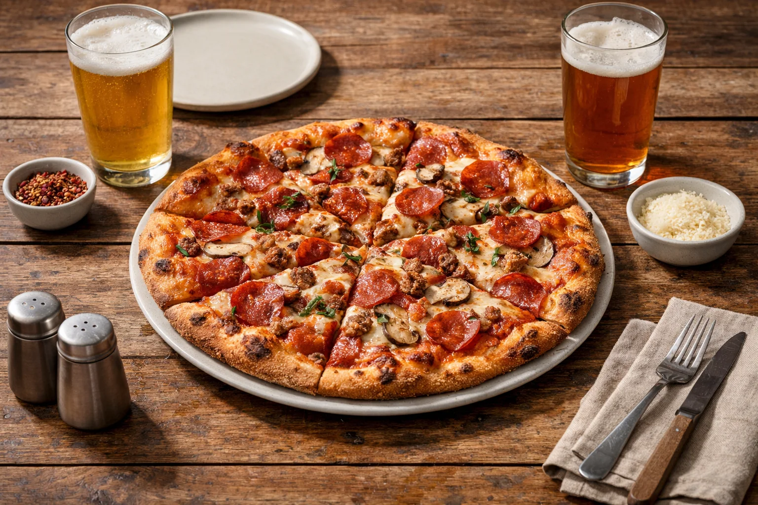 A whole round pie shared at a casual brewery, no logos visible.