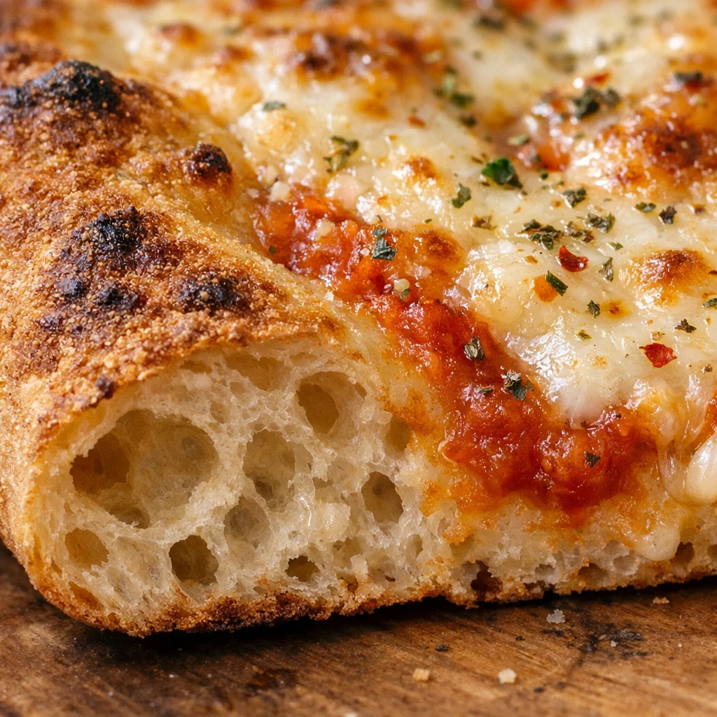 Close-up of crust texture with charring and an open crumb.
