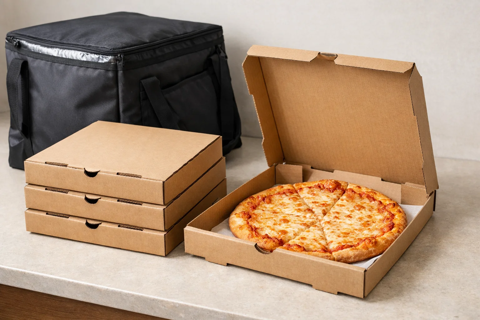Stack of unbranded pizza delivery boxes in an insulated bag.