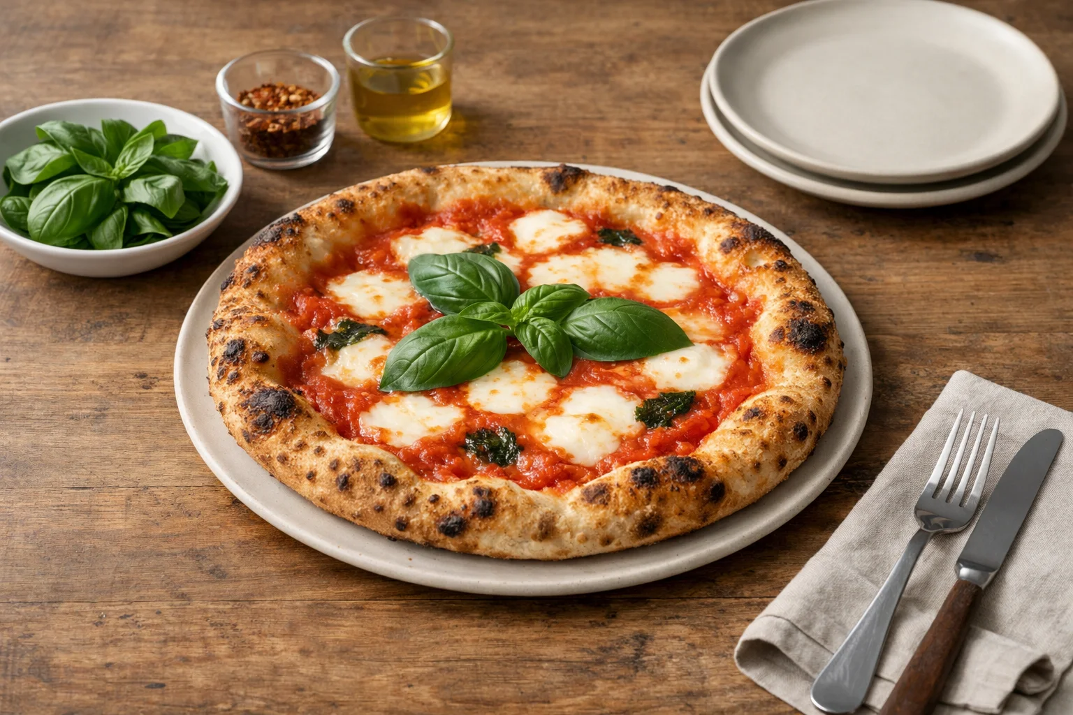 Neapolitan pizza with fresh basil on a casual dining table.