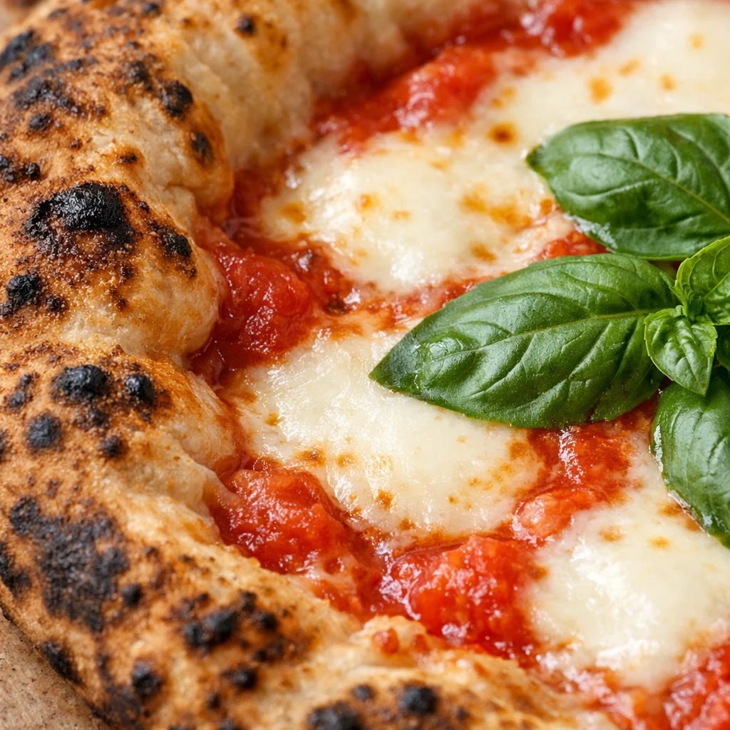 Close-up of a charred Neapolitan crust showing leoparding from a wood-fired oven.