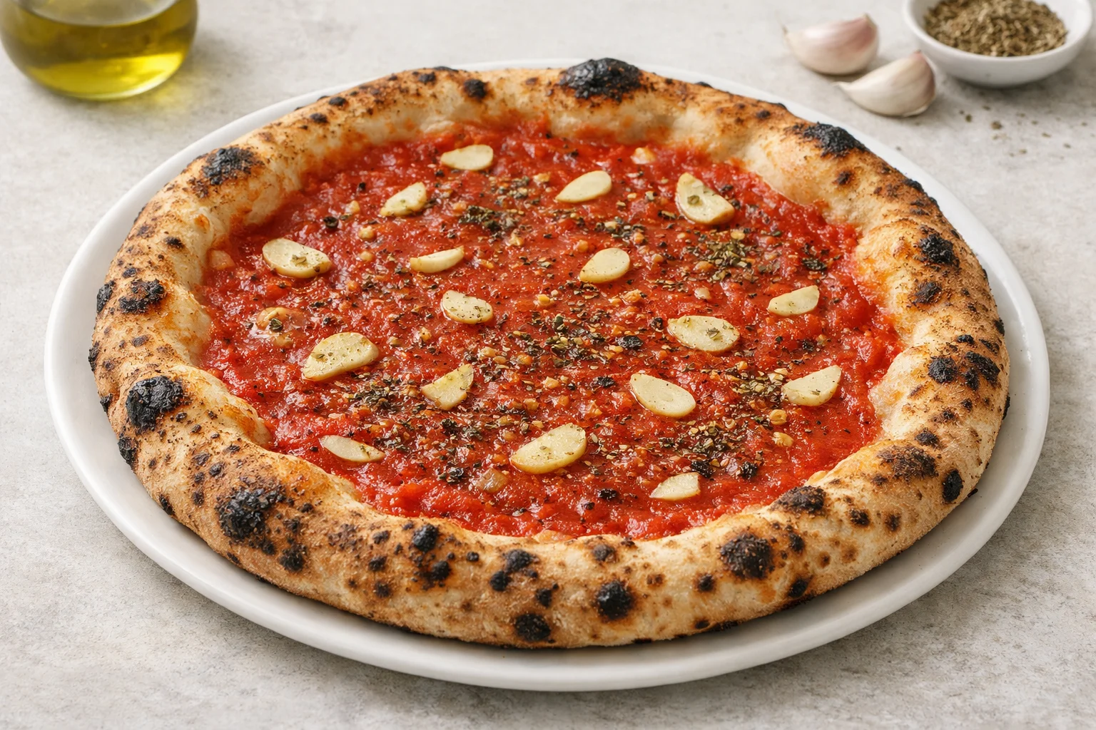 A simple Neapolitan marinara: tomato, garlic, oregano, no cheese.