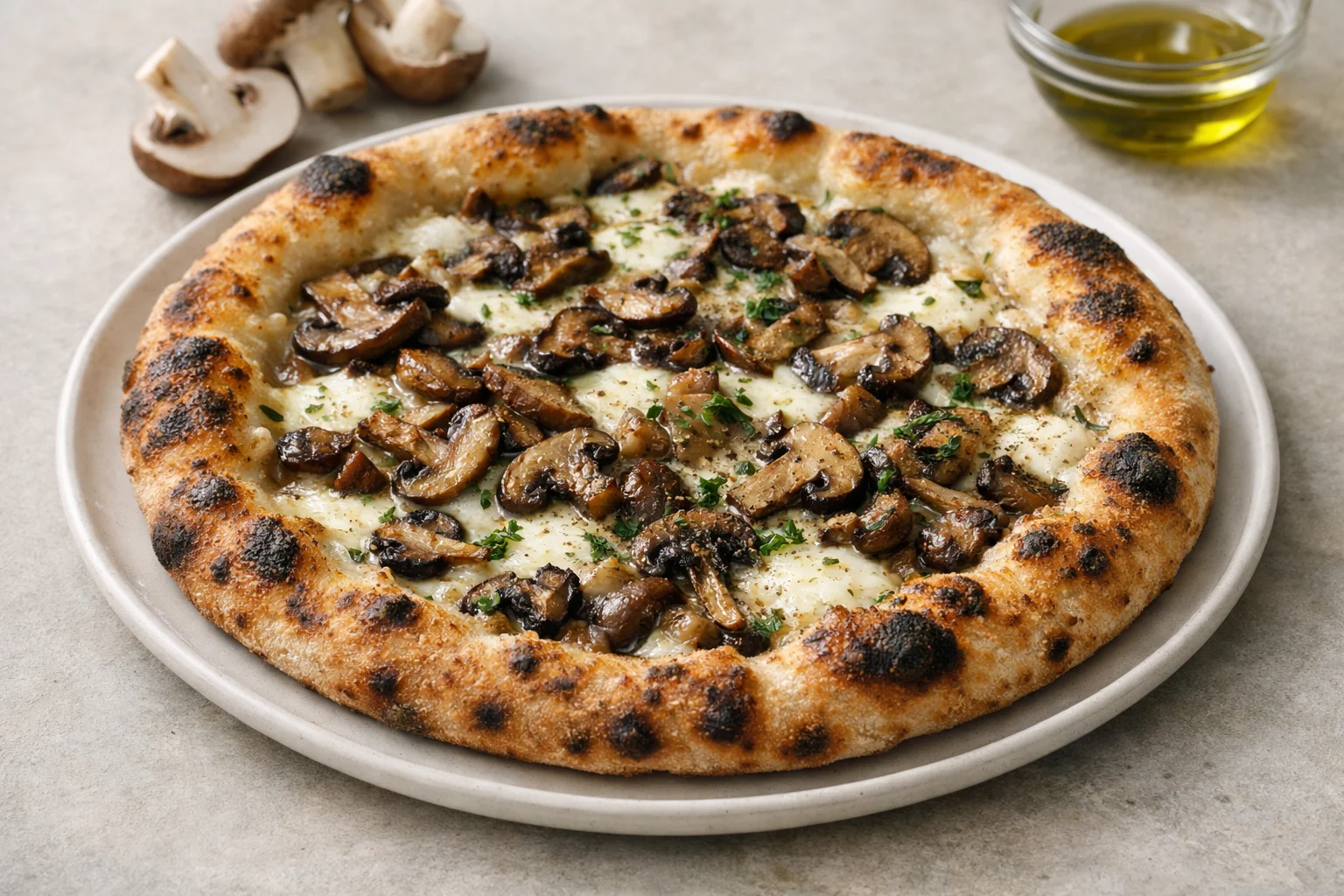 A Neapolitan-style pizza topped with sliced mushrooms.