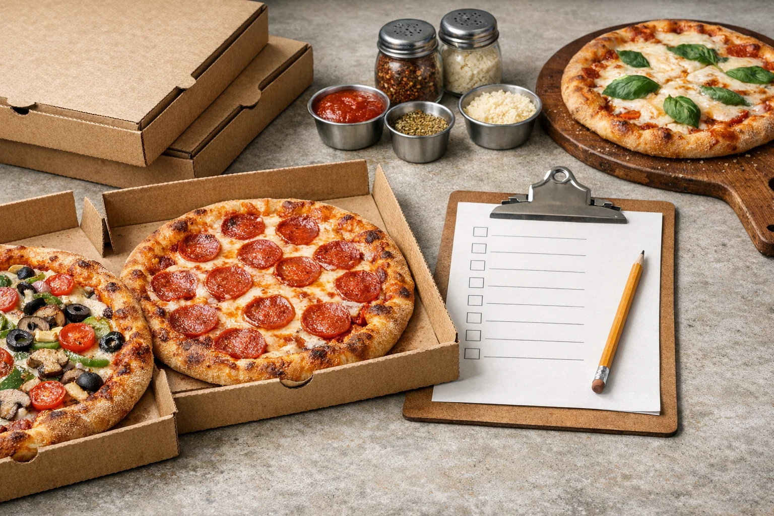 Unbranded pizza boxes beside a blank clipboard and pencil on a neutral counter.