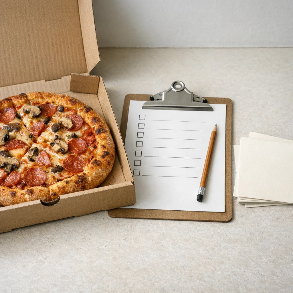 An open pizza box with a pepperoni-and-mushroom pizza on the left next to a clipboard with empty checkboxes and a pencil on the right, on a neutral surface.