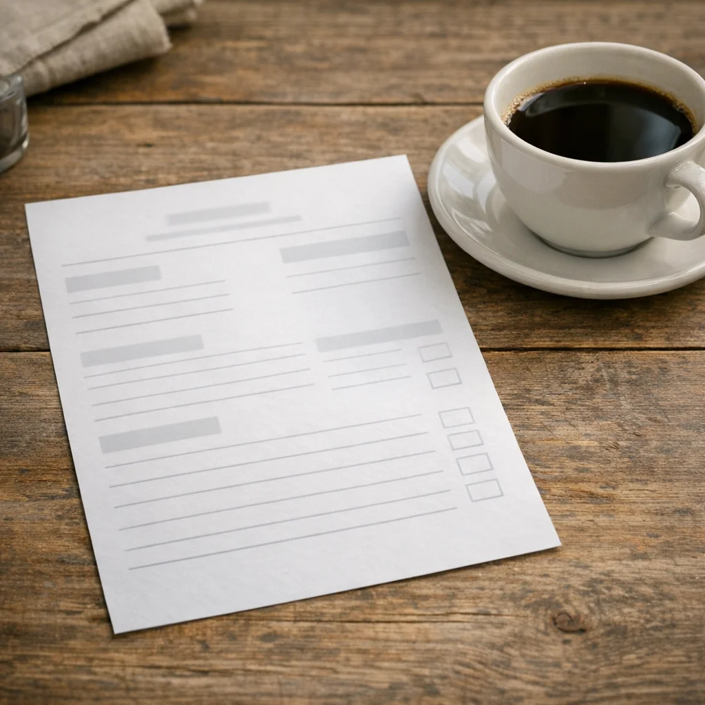A printed evaluation checklist with text lines and a column of checkboxes on a wooden table, next to a coffee cup.