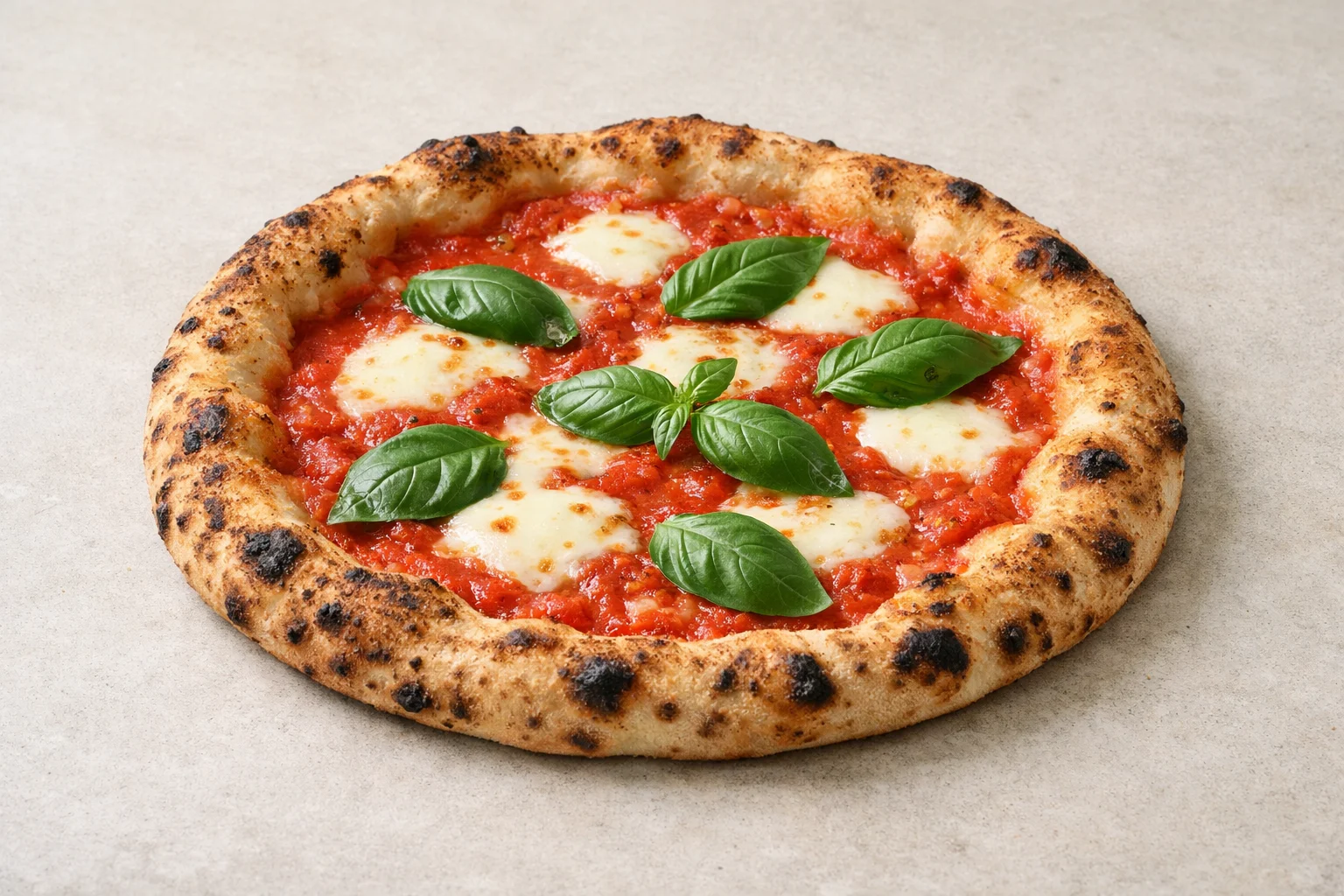 Wood-fired Neapolitan margherita pizza with charred crust and fresh basil.