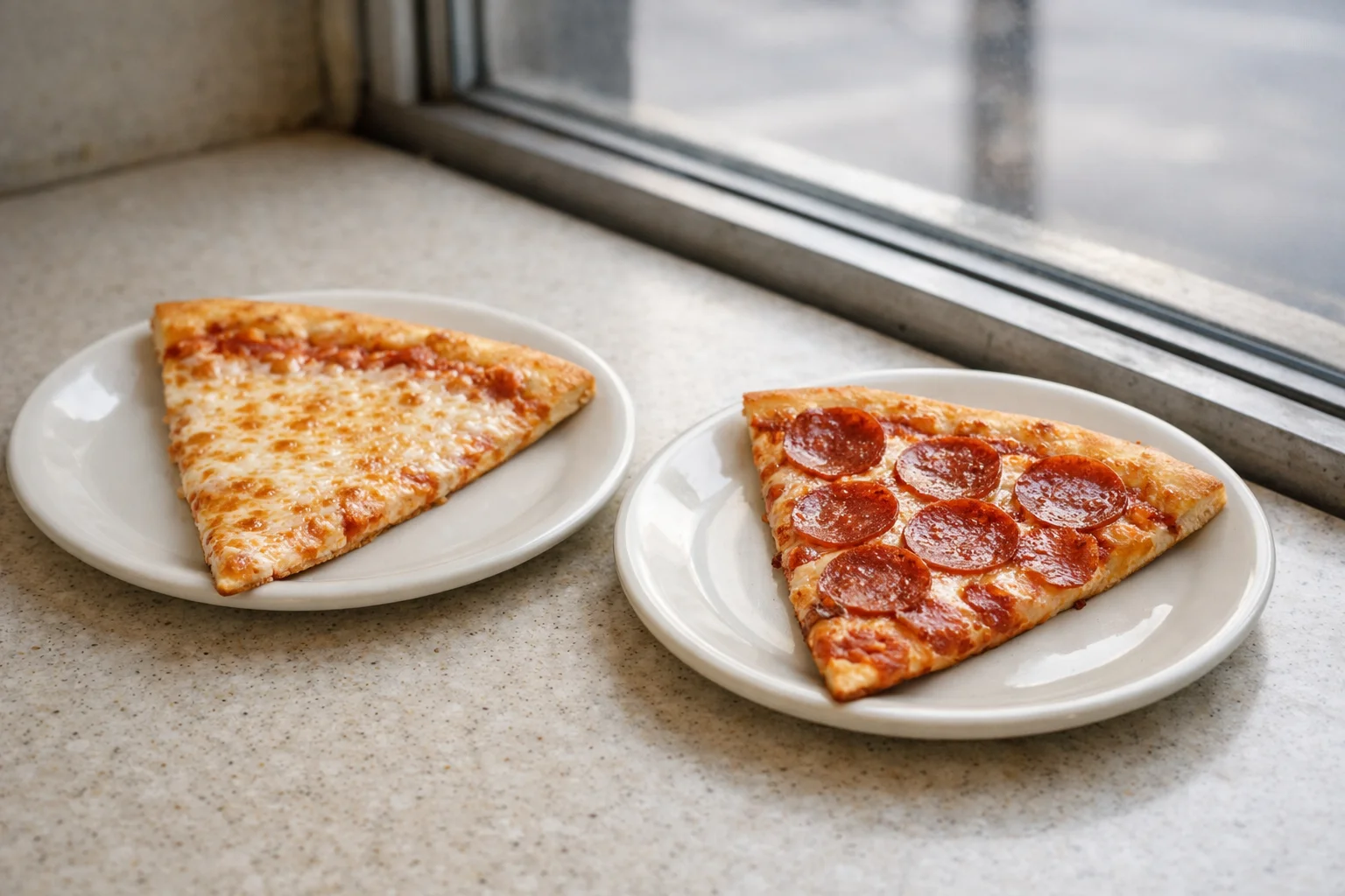 Plain cheese and pepperoni slices near a slice-shop window.