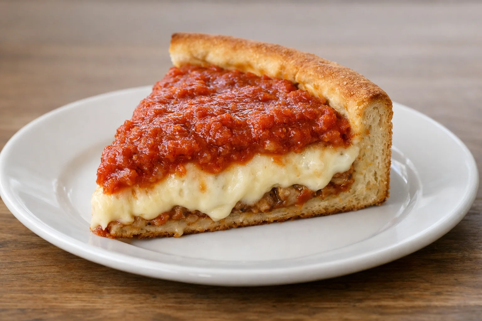 Chicago stuffed pizza slice with tomato sauce on top.